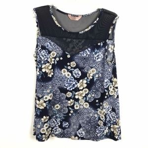 SJS Blue Floral Print Mesh Neckline Tank Top